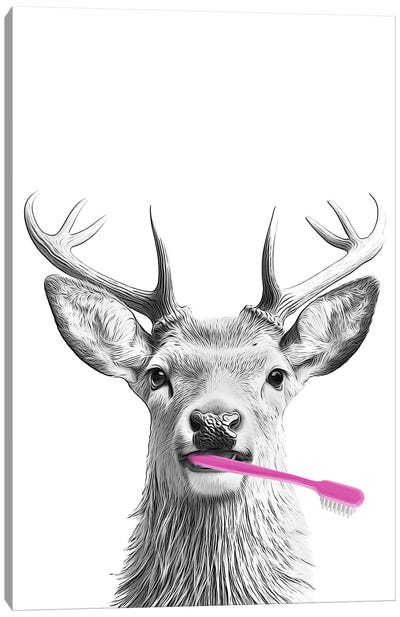 Deer With Pink Toothbrush Canvas Art Print - Printable Lisa's Pets