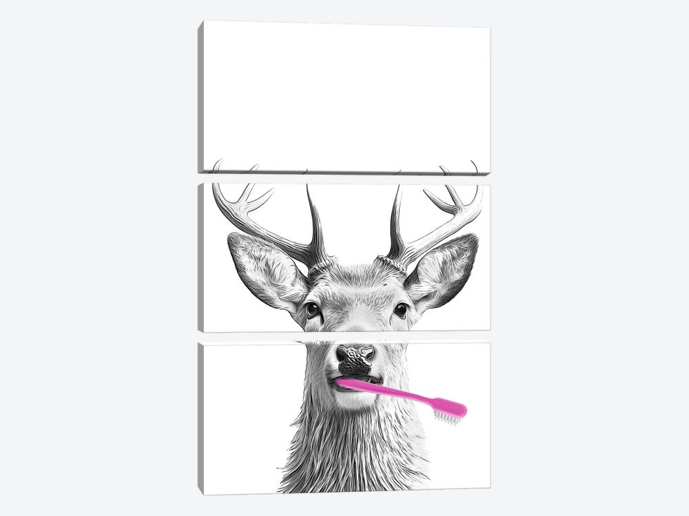 Deer With Pink Toothbrush by Printable Lisa's Pets 3-piece Canvas Wall Art