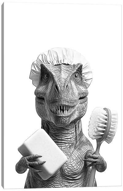 T Rex Dinosaur With Shower Cap, Brush And Soap Canvas Art Print - Prehistoric Animal Art