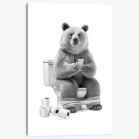 Funny Bear On Toilet With Phone Canvas Print #LIP810} by Printable Lisa's Pets Canvas Art Print