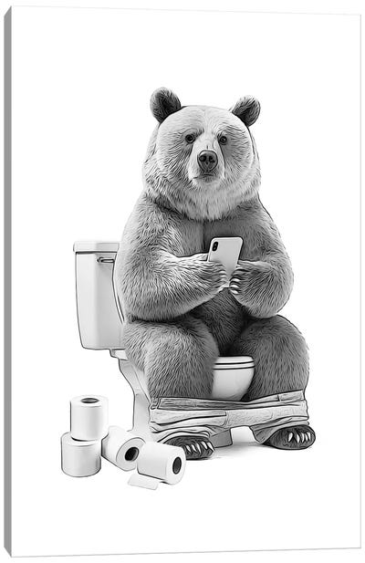 Funny Bear On Toilet With Phone Canvas Art Print - Printable Lisa's Pets