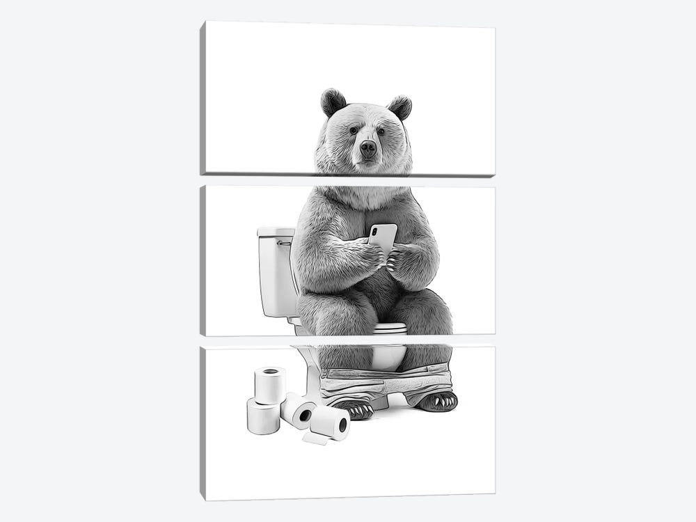 Funny Bear On Toilet With Phone by Printable Lisa's Pets 3-piece Canvas Art Print