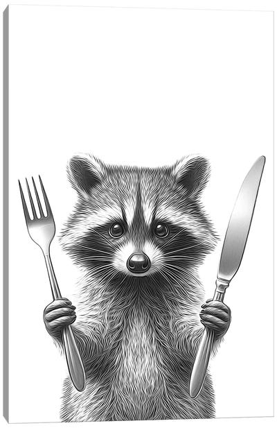 Raccoon With Fork And Knife Canvas Art Print - Humor Art