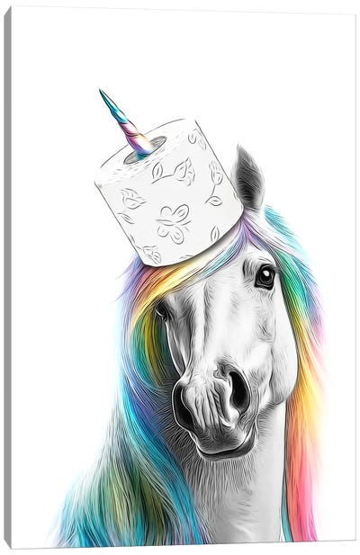 Portrait Of Unicorn With Rainbow Mane And Toilet Paper Canvas Art Print - Animal Humor Art