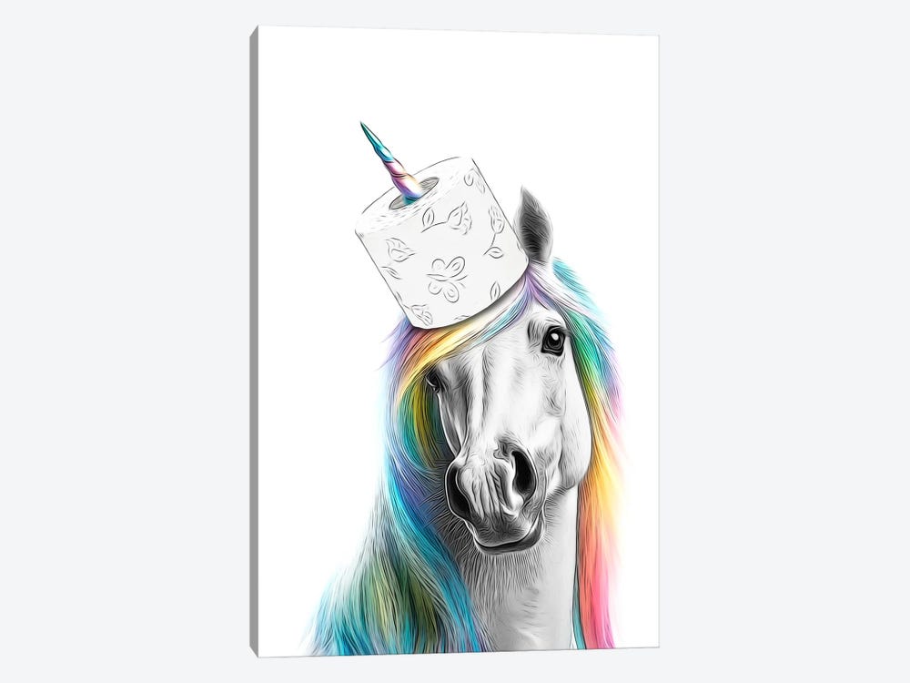 Portrait Of Unicorn With Rainbow Mane And Toilet Paper by Printable Lisa's Pets 1-piece Canvas Print