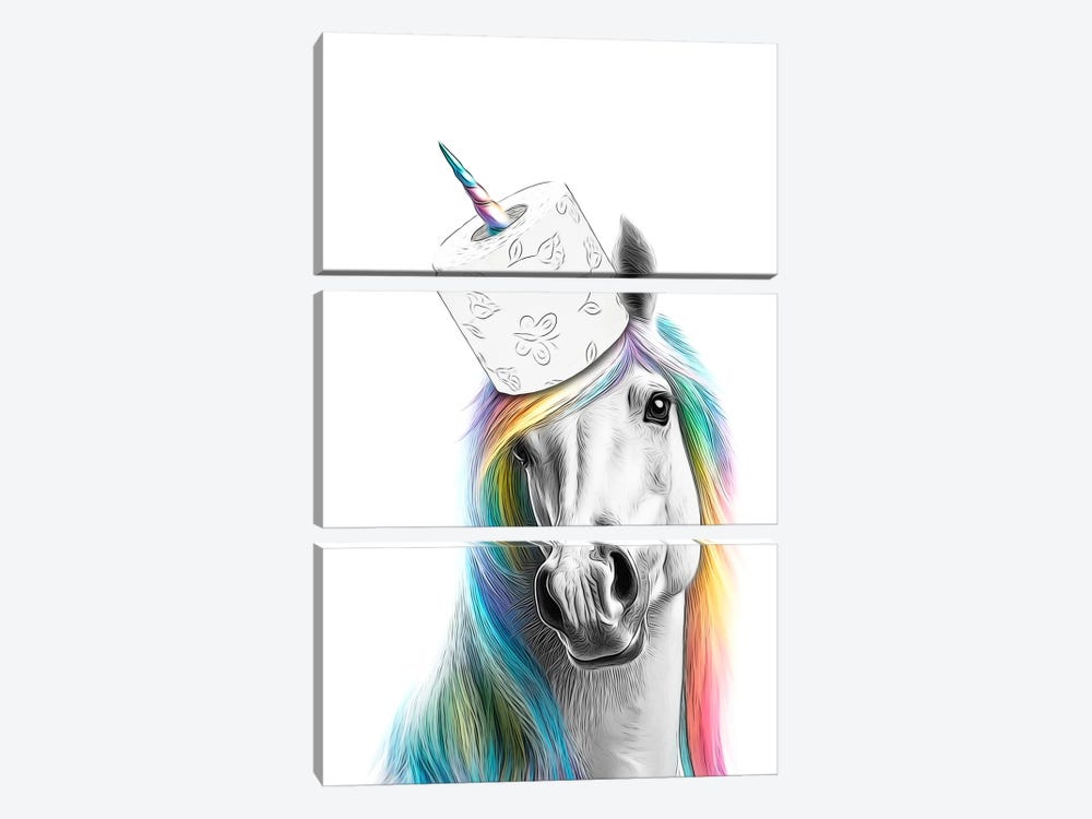 Portrait Of Unicorn With Rainbow Mane And Toilet Paper by Printable Lisa's Pets 3-piece Canvas Art Print