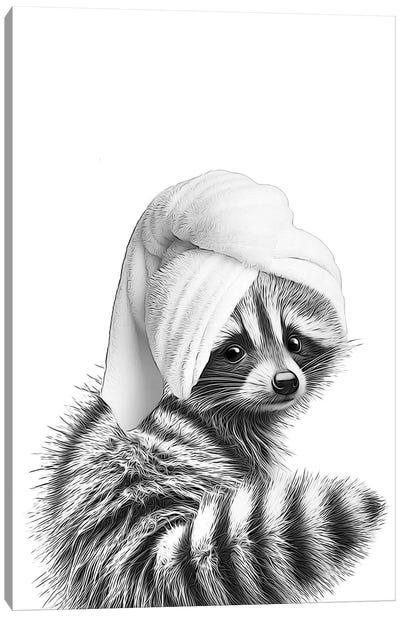 Raccoon Towel Wrapped Around Head Canvas Art Print - Printable Lisa's Pets