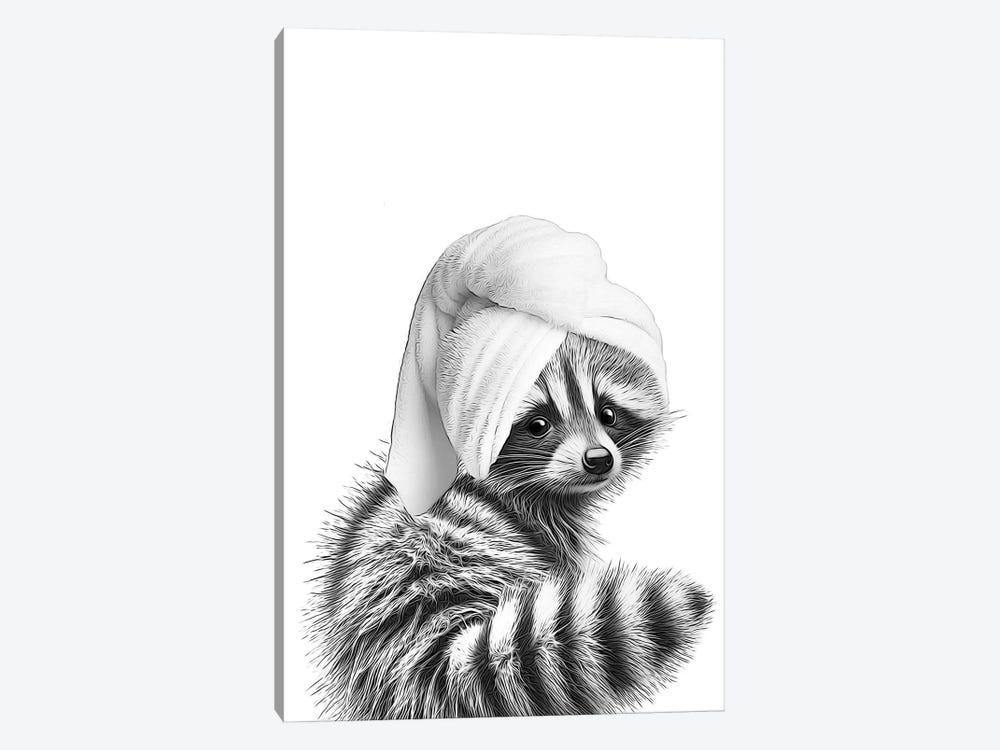 Raccoon Towel Wrapped Around Head by Printable Lisa's Pets 1-piece Canvas Wall Art