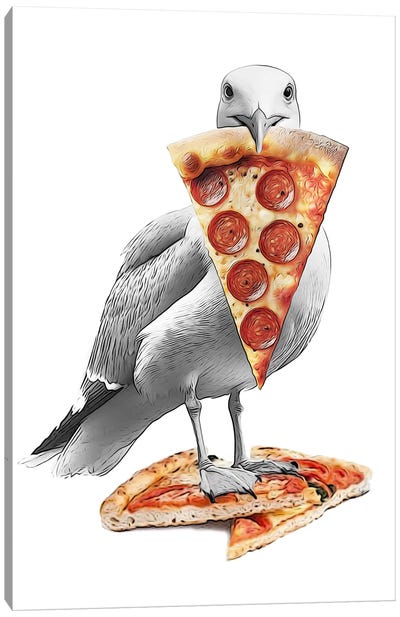 Funny Seagull With Pizza Drawing Canvas Art Print - Printable Lisa's Pets