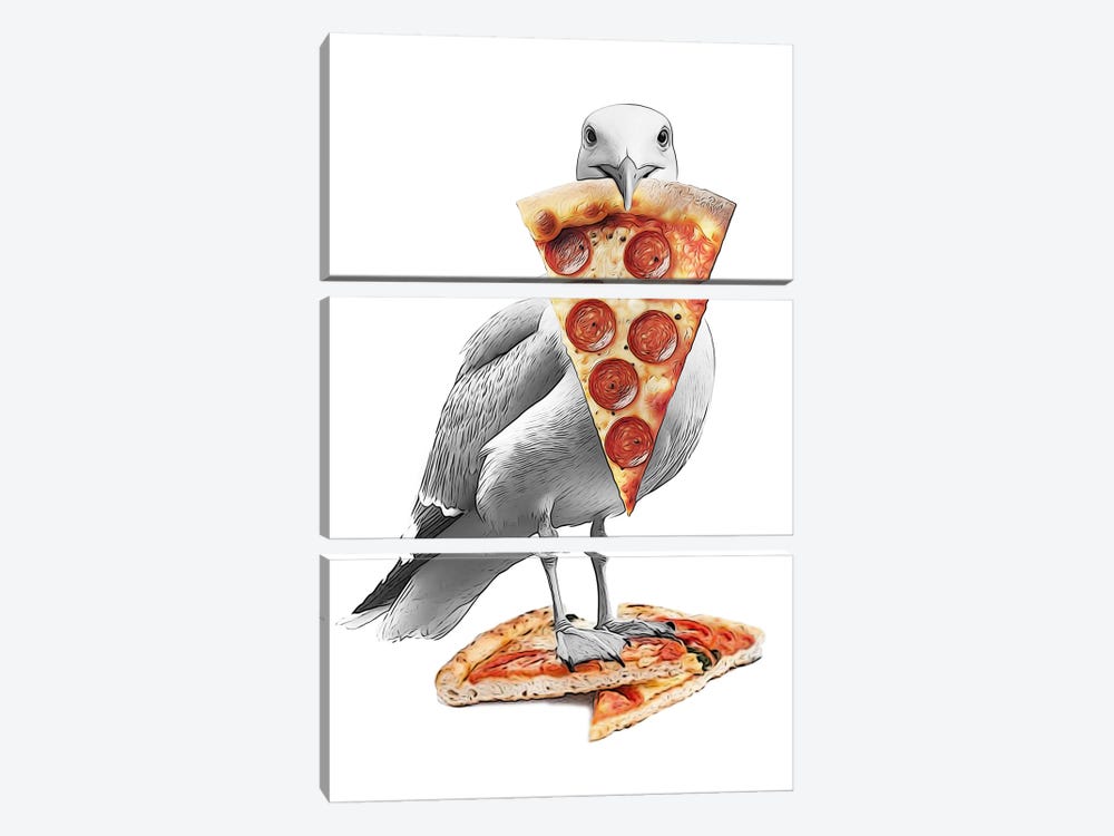 Funny Seagull With Pizza Drawing by Printable Lisa's Pets 3-piece Canvas Art Print