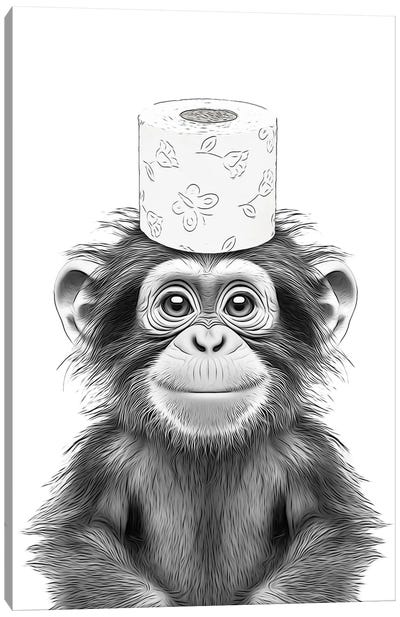 Chimpanzee With Toilet Paper Roll On Head Canvas Art Print - Printable Lisa's Pets
