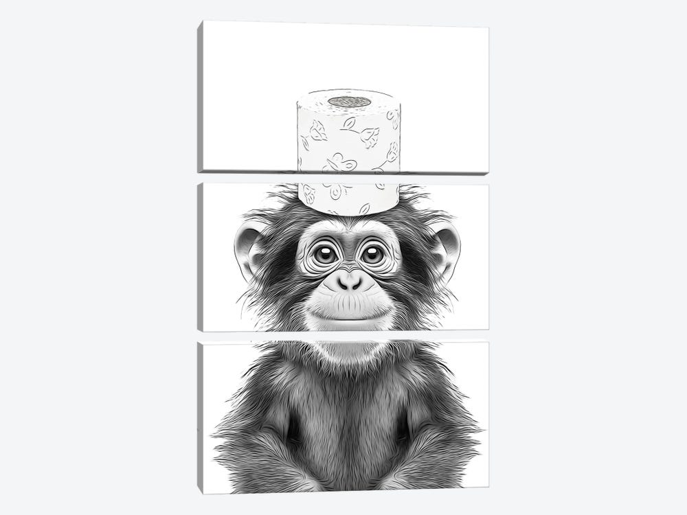 Chimpanzee With Toilet Paper Roll On Head by Printable Lisa's Pets 3-piece Art Print
