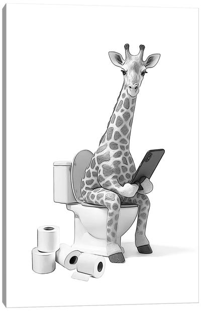 Cute Giraffe Sitting On Toilet Canvas Art Print - Printable Lisa's Pets