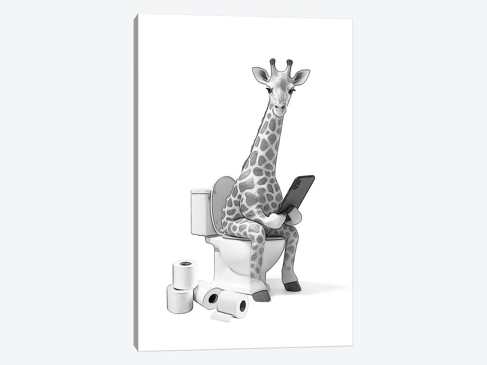 Cute Giraffe Sitting On Toilet by Printable Lisa's Pets 1-piece Canvas Wall Art