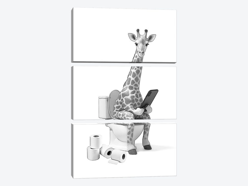 Cute Giraffe Sitting On Toilet by Printable Lisa's Pets 3-piece Canvas Wall Art
