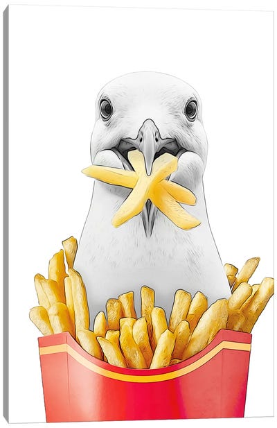 Cute Seagull Eating French Fries Canvas Art Print - Printable Lisa's Pets