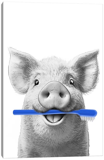 Cute Pig Brushing His Teeth With Toothbrush Canvas Art Print - Printable Lisa's Pets