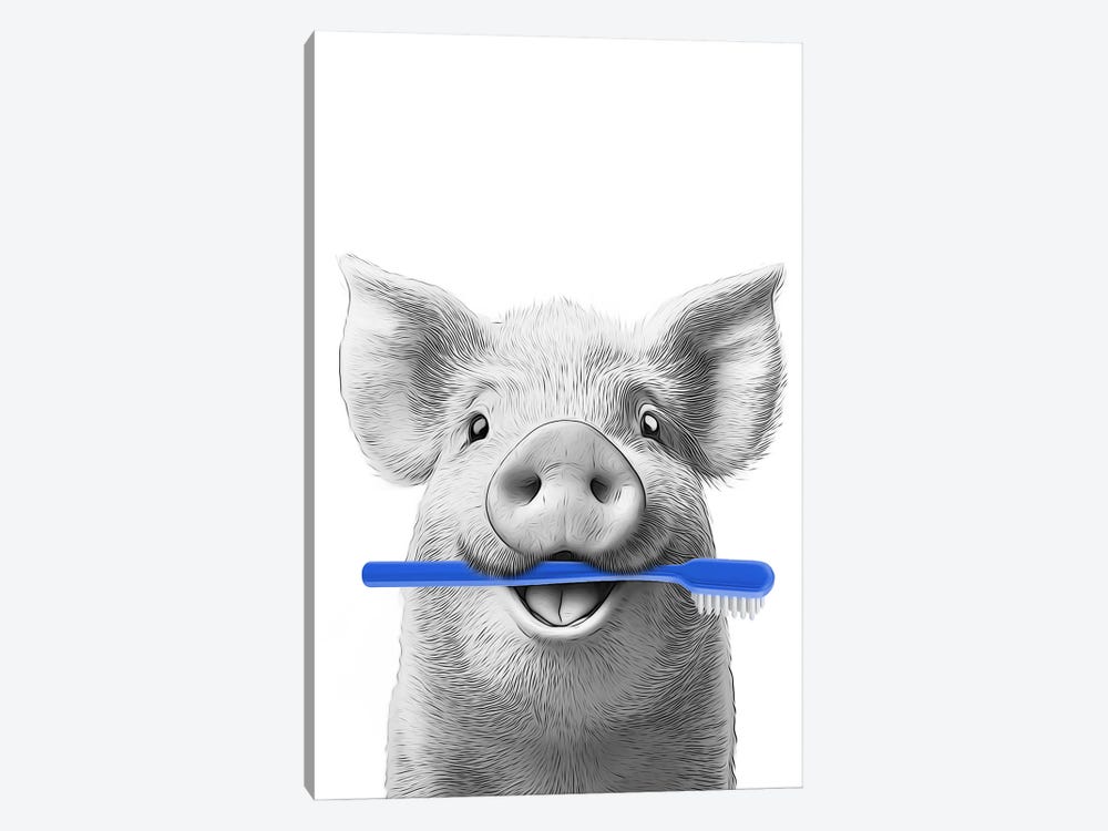 Cute Pig Brushing His Teeth With Toothbrush by Printable Lisa's Pets 1-piece Canvas Wall Art