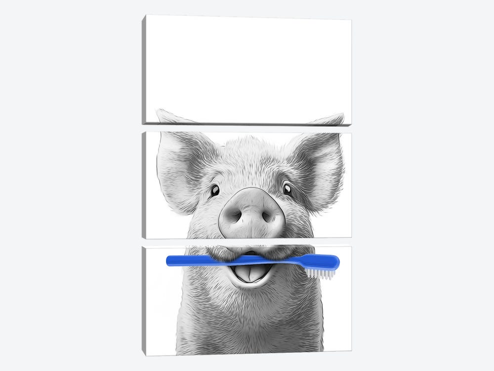 Cute Pig Brushing His Teeth With Toothbrush by Printable Lisa's Pets 3-piece Canvas Wall Art