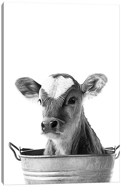 Cow In The Metal Bucket Canvas Art Print - Printable Lisa's Pets