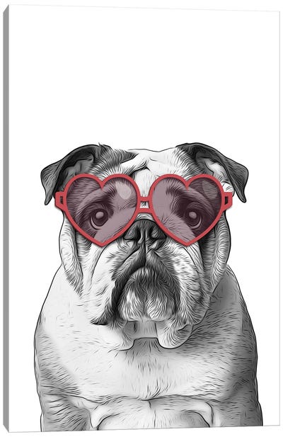 English Bulldog With Heart-Shaped Glasses Canvas Art Print - Printable Lisa's Pets