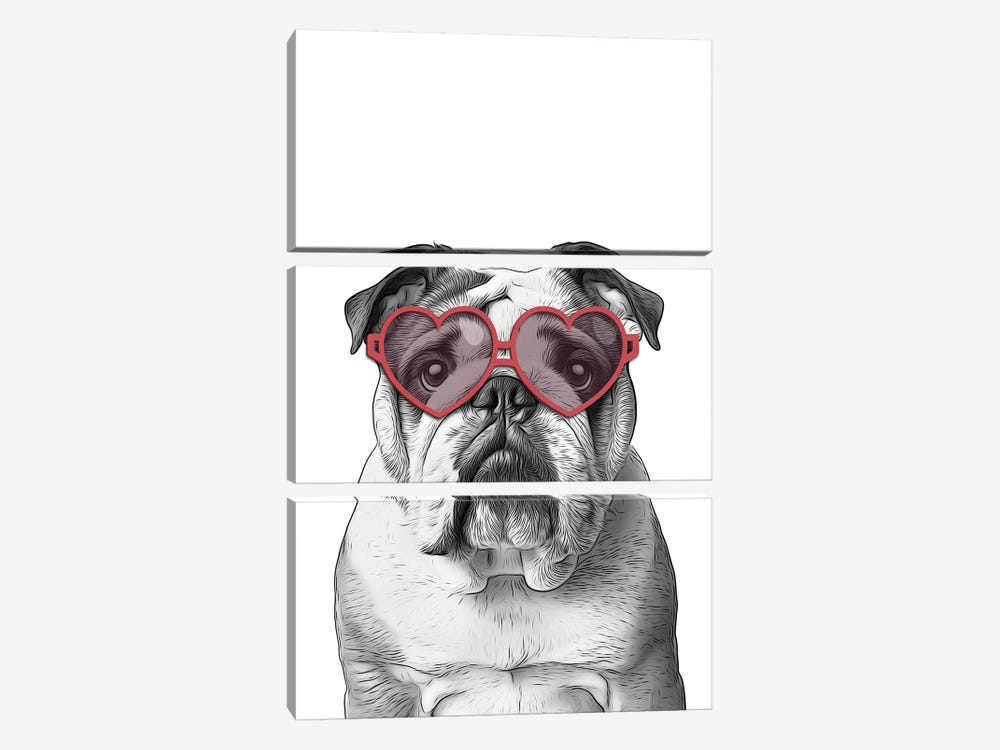 English Bulldog With Heart-Shaped Glasses by Printable Lisa's Pets 3-piece Canvas Wall Art