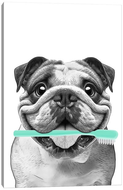 English Bulldog With Toothbrush Canvas Art Print - Printable Lisa's Pets