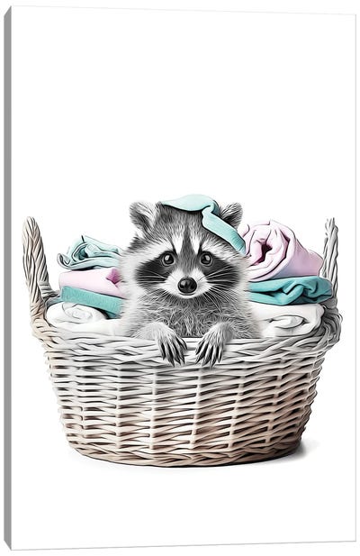 Raccoon Inside The Dirty Laundry Basket Canvas Art Print - Printable Lisa's Pets