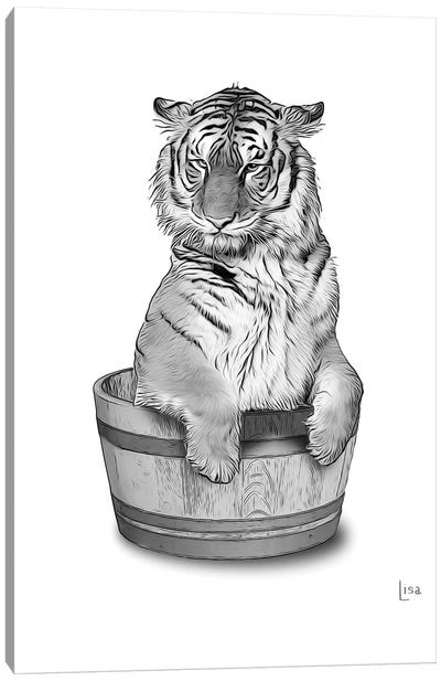 Tiger In The Tub Bw Canvas Art Print - Printable Lisa's Pets