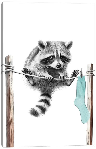 Raccoon Balancing On The Clothesline Canvas Art Print - Printable Lisa's Pets