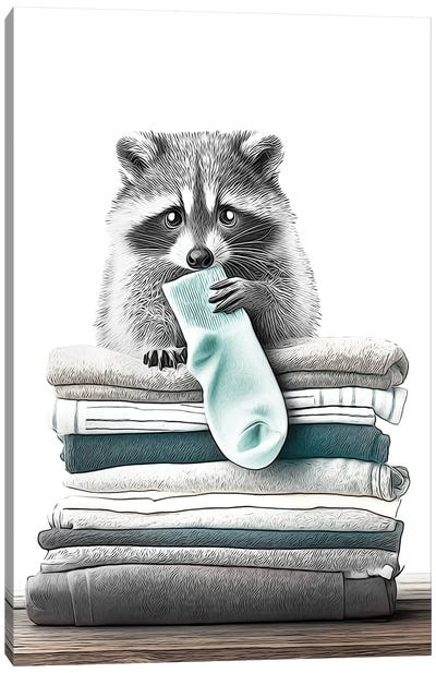 Raccoon On Folded Cloths Canvas Art Print - Printable Lisa's Pets