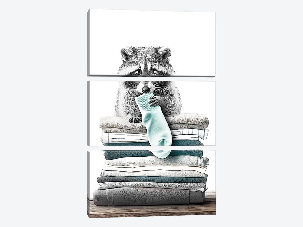 Raccoon On Folded Cloths by Printable Lisa's Pets 3-piece Canvas Art Print