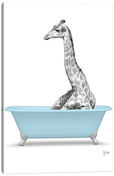 Giraffe In The Blue Bath Canvas Art Print - Printable Lisa's Pets