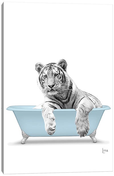 Tiger In The Blue Bath Canvas Art Print - Kids Bathroom Art