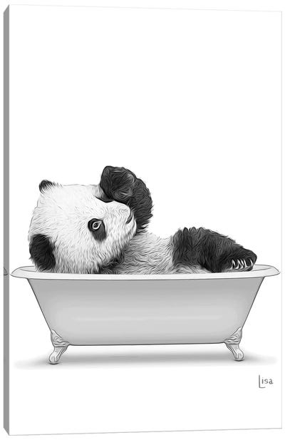Panda In The Bath Bw Canvas Art Print - Panda Art