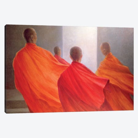 Four Monks On Temple Steps Canvas Print #LIS13} by Lincoln Seligman Canvas Wall Art