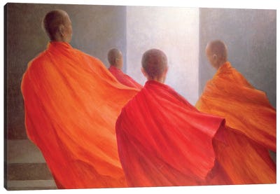Four Monks On Temple Steps Canvas Art Print - Buddhism