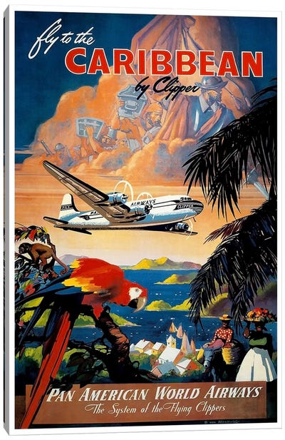 Fly To The Caribbean Canvas Art Print - Vintage Travel Posters