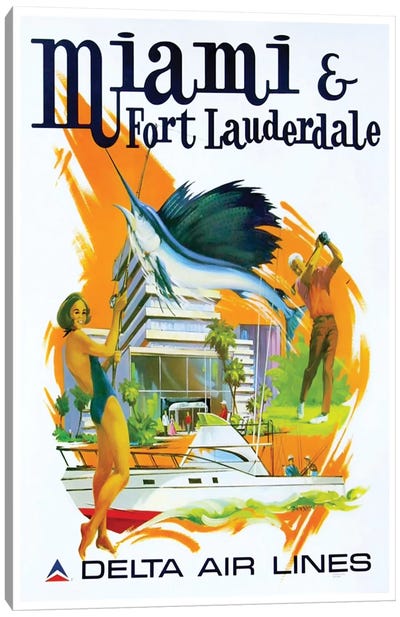 Miami & Fort Lauderdale - Delta Airlines Canvas Art Print - Vintage Travel Posters