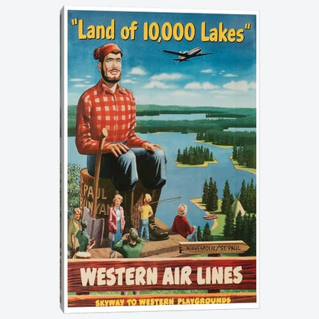 Minneapolis/St. Paul "Land Of 10,000 Lakes" - Western Airlines, Skyway To Western Playgrounds Canvas Print #LIV212} by Unknown Artist Art Print