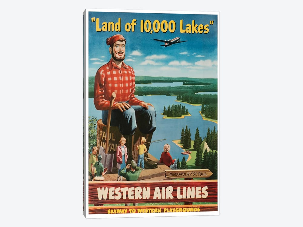 Minneapolis/St. Paul "Land Of 10,000 Lakes" - Western Airlines, Skyway To Western Playgrounds by Unknown Artist 1-piece Canvas Print