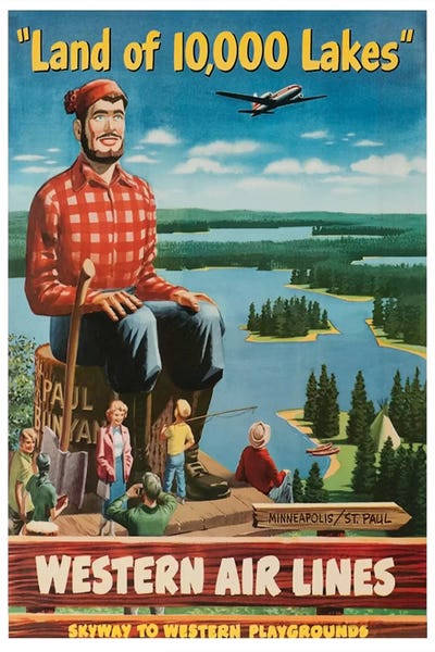 Minnesota: Minneapolis/St. Paul "Land Of 10,000 Lakes" - Western Airlines, Skyway To Western Playgrounds by Unknown Artist