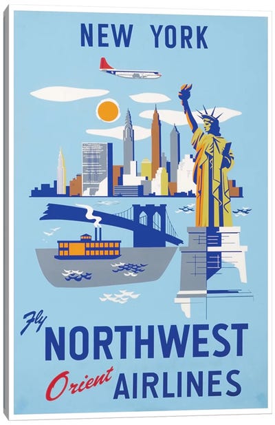 New York - Fly Northwest Orient Airlines Canvas Art Print - New York City Travel Posters
