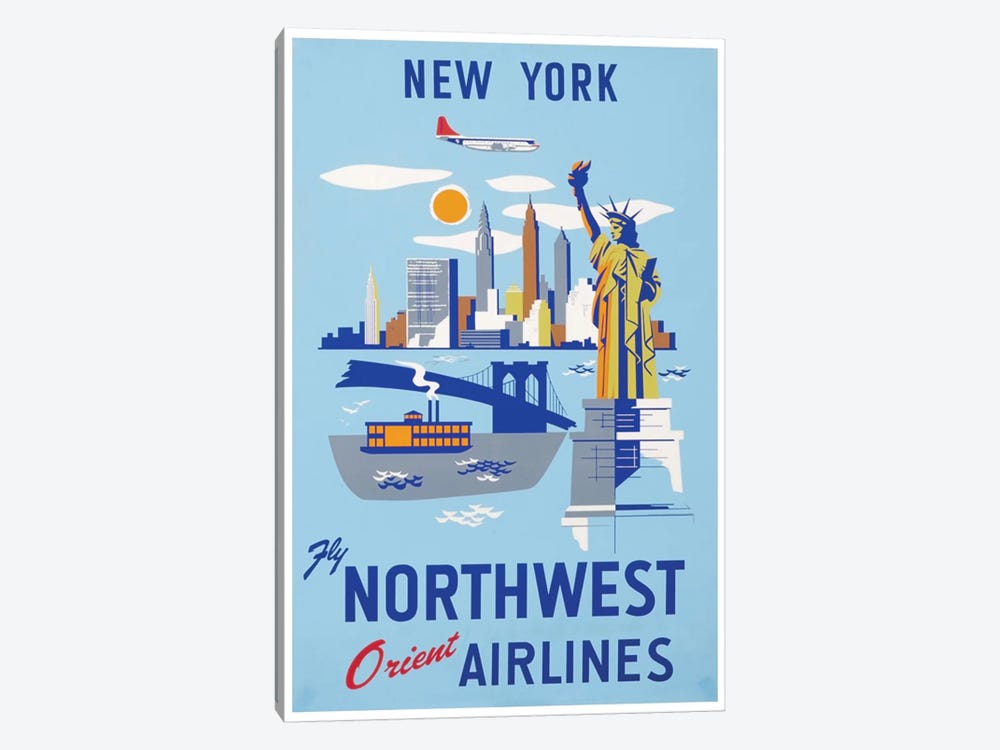 New York - Fly Northwest Orient Airlines by Unknown Artist 1-piece Canvas Art Print