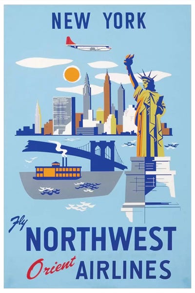 New York City Travel Posters: New York - Fly Northwest Orient Airlines by Unknown Artist