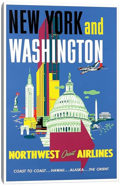 New York And Washington - Northwest Orient Airlines Canvas Art Print - Vintage Travel Posters