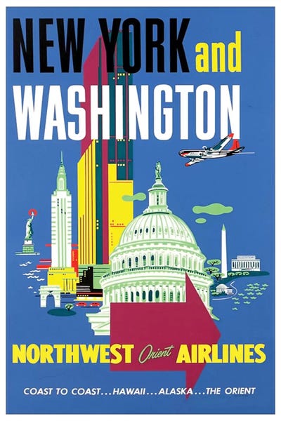 Vintage Travel Posters: New York And Washington - Northwest Orient Airlines by Unknown Artist