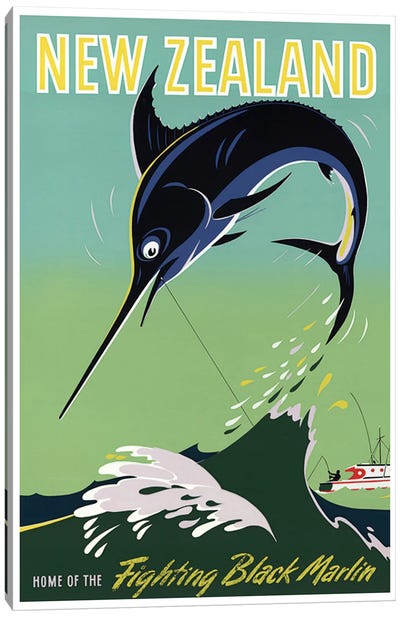 New Zealand: Home Of The Fighting Black Marlin Canvas Art Print - Vintage Travel Posters