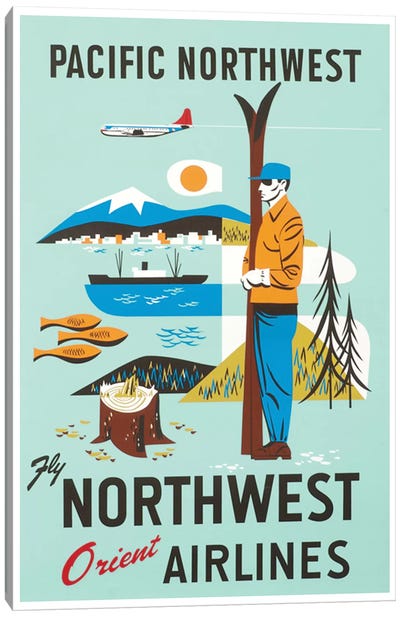 Pacific Northwest - Fly Northwest Orient Airlines Canvas Art Print - Vintage Travel Posters
