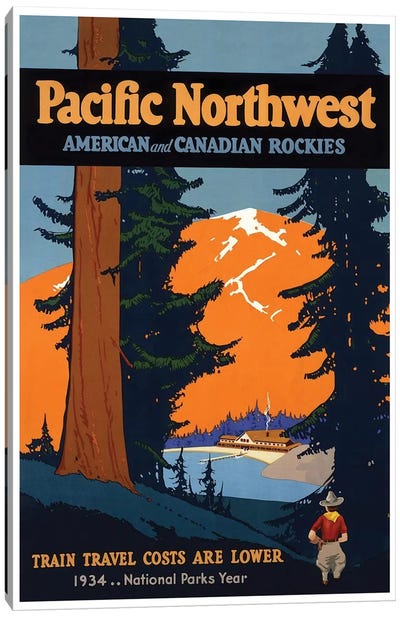 Pacific Northwest American And Canadian Rockies: National Parks Year, 1934 Canvas Art Print - Rocky Mountain National Park Art